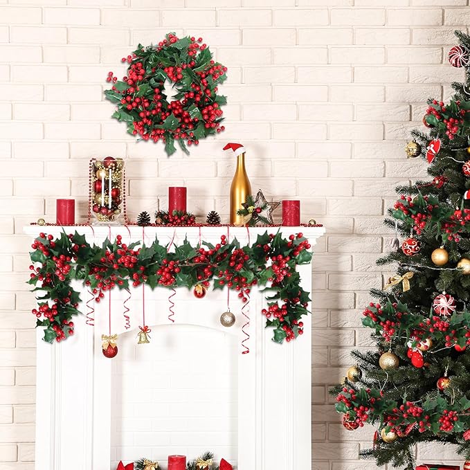 Uguisu 5.6ft Red Artificial Christmas Garland,Eucalyptus Green Garland with Berry Flower Clusters,Artificial Vines for Backdrops, Fireplaces,Dining Tables,Christmas Parties,Indoor and Outdoor Decor.