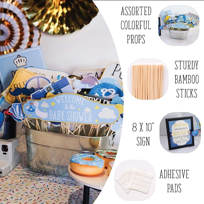 Boy Baby Shower Photo Booth Props - 41-pc Photo Booth Kit with 8 x 10-Inch Sign, 60 Glue Dots, 45 Sticks - Picture Props for Baby Shower
