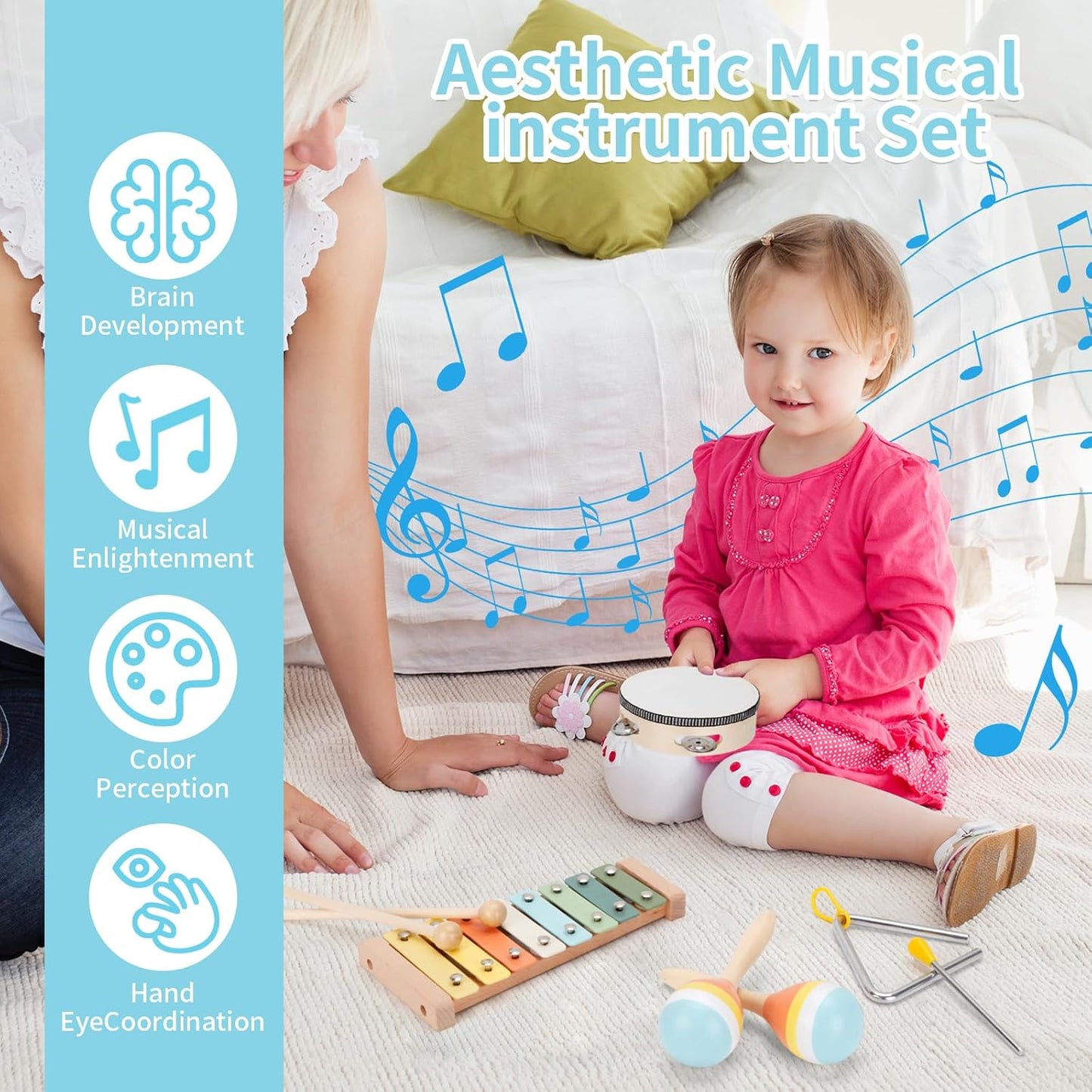 Baby Musical Instruments Set Wooden Montessori Toys for Toddlers 1-3 Percussion Instruments Set Modern Boho Music Toys for Kids Preschool Educational.