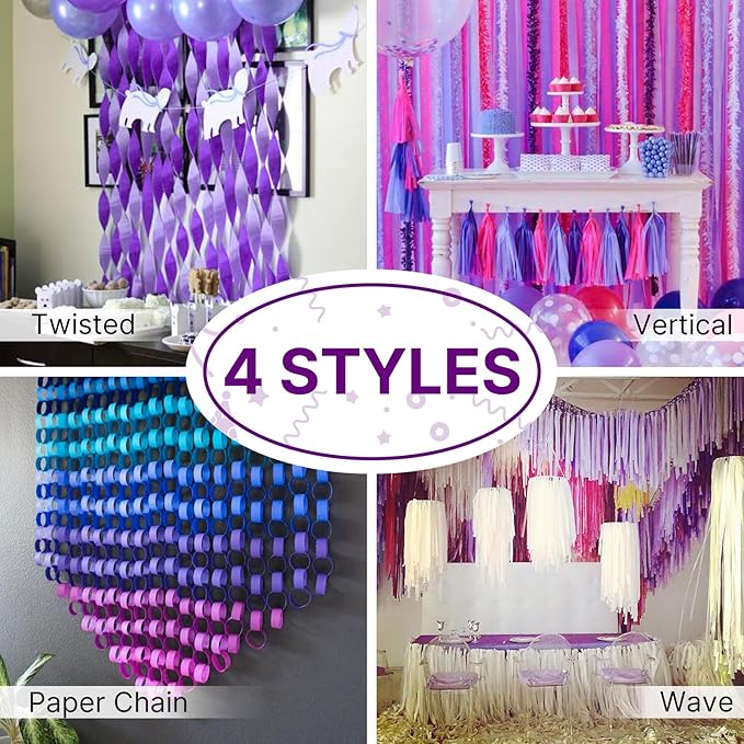 PartyWoo Purple and Gold Crepe Paper Streamers 4pcs 328ft Pack of Metallic Gold Dark Purple Crepe Paper Streamers for Birthday Wedding Gender Reveal Baby Shower Princess Mardi Gras Party Decorations