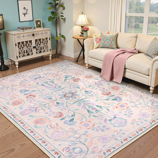 Anidaroel Boho Rugs for Living Room 8x10, Washable Pink Area Rug for Bedroom Vintage Soft Girls Room Rug, Non Slip Distressed Nursery Rug Indoor Throw Carpet for Playroom Dining Room