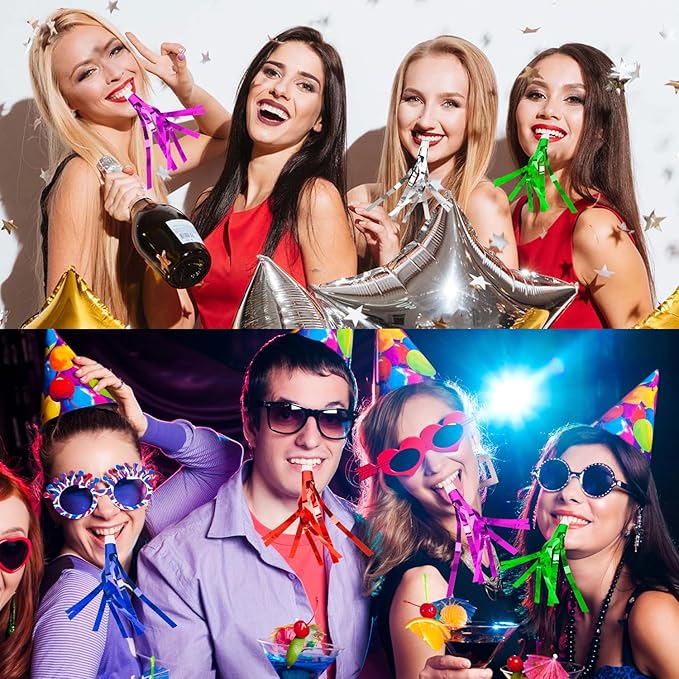 Noise Makers, 24 PCS Gold Noise Makers, Glitter Metallic Fringed Party Blowers Noisemakers Horns for Adults for 2025 New Year Eve Party Birthday Sporting Events Favor Supplies Decorations (Mixcolor)