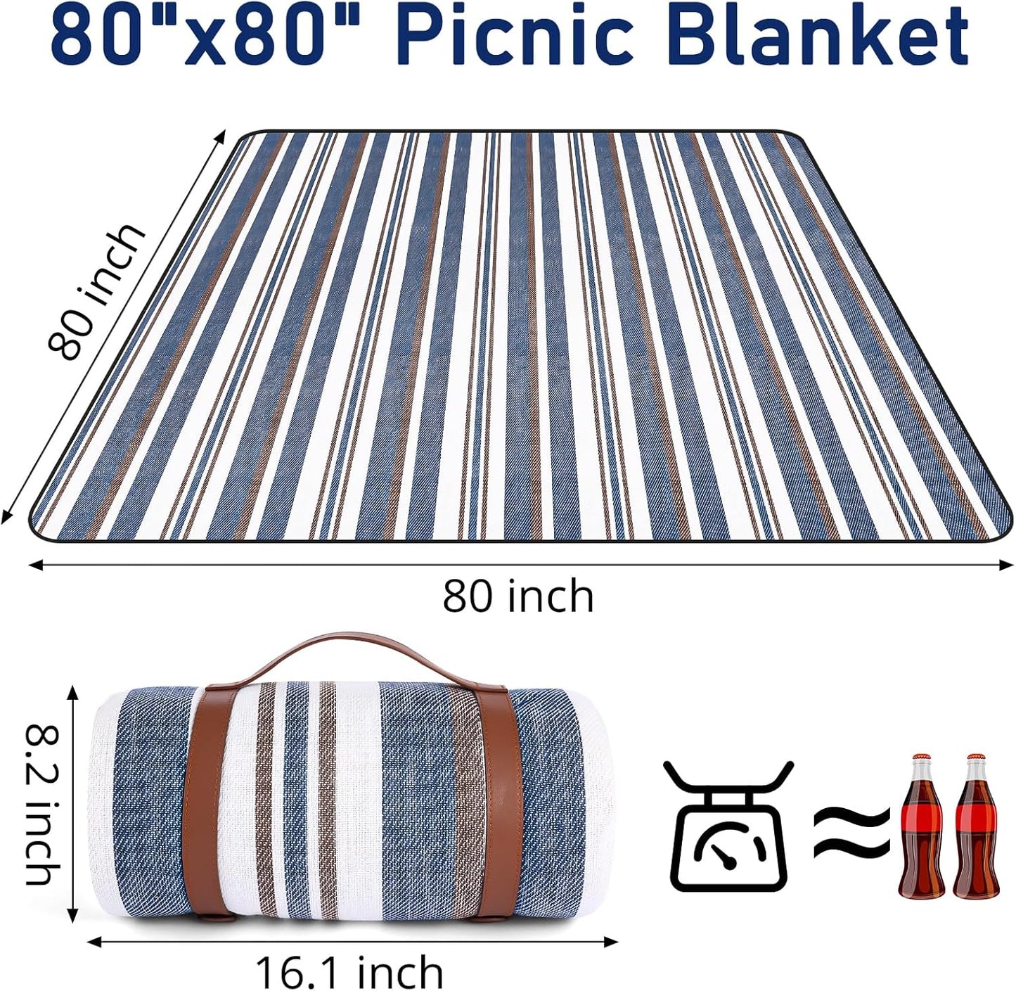 Striped Picnic Blankets 80” x 80” Extra Large Waterproof and Foldable Beach Blanket, Oversized Blue and White Outdoor Blanket for Camping, Travel, Park, Grass, Patio (Blue & Brown, 80" x 80")