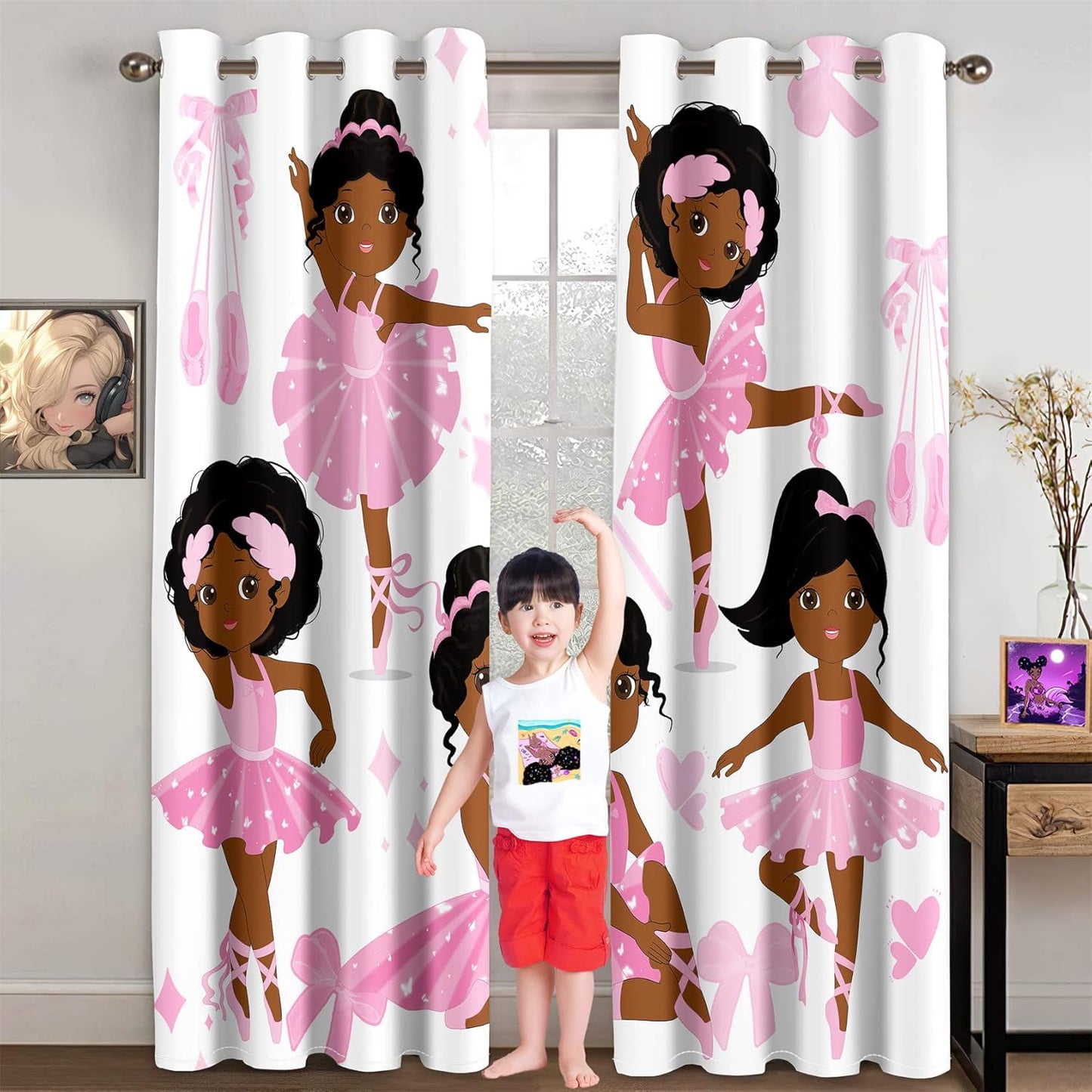 Cute Black Girl Curtain Panels for Girl Room Black Girl Curtains Grommets Top Drapes for Kids Nursery Bedroom Lovely Girls Themed Thermal Insulated Curtains, Black Girl Curtains, 82" x 84"
