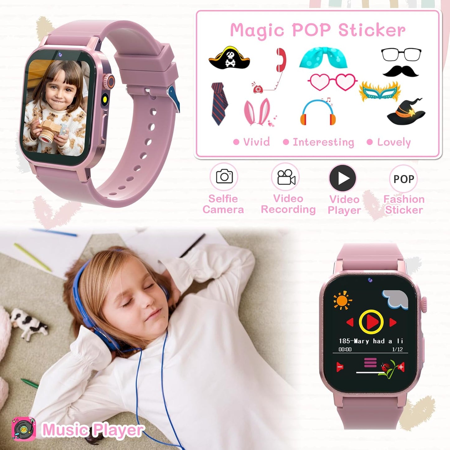Kids Smart Watch for Girls Age 5-12, 32 Games HD Touch Screen Girls Watch with Camera Video Music Player Pedometer Flashlight 12/24 hr Gifts for 6 7 8 9 10 Year Old Girl Birthday Gift