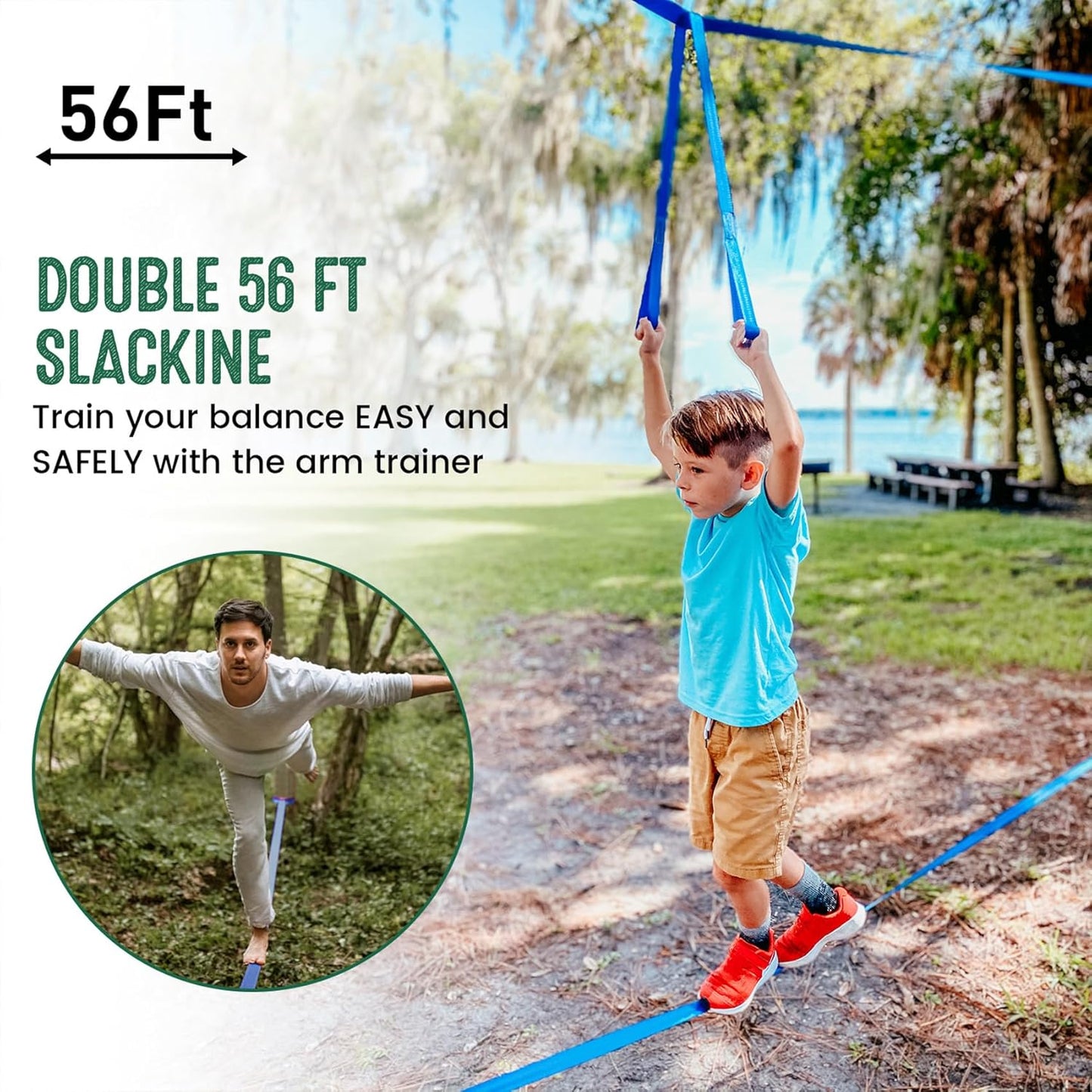 Ninja Warrior Obstacle Course for Kids, 2×56ft Slackline Kit with 8 Ninja Accessories - Monkey Bar, Rope Ladder, Gymnastic Ring, Arm Trainer and Monkey Fist