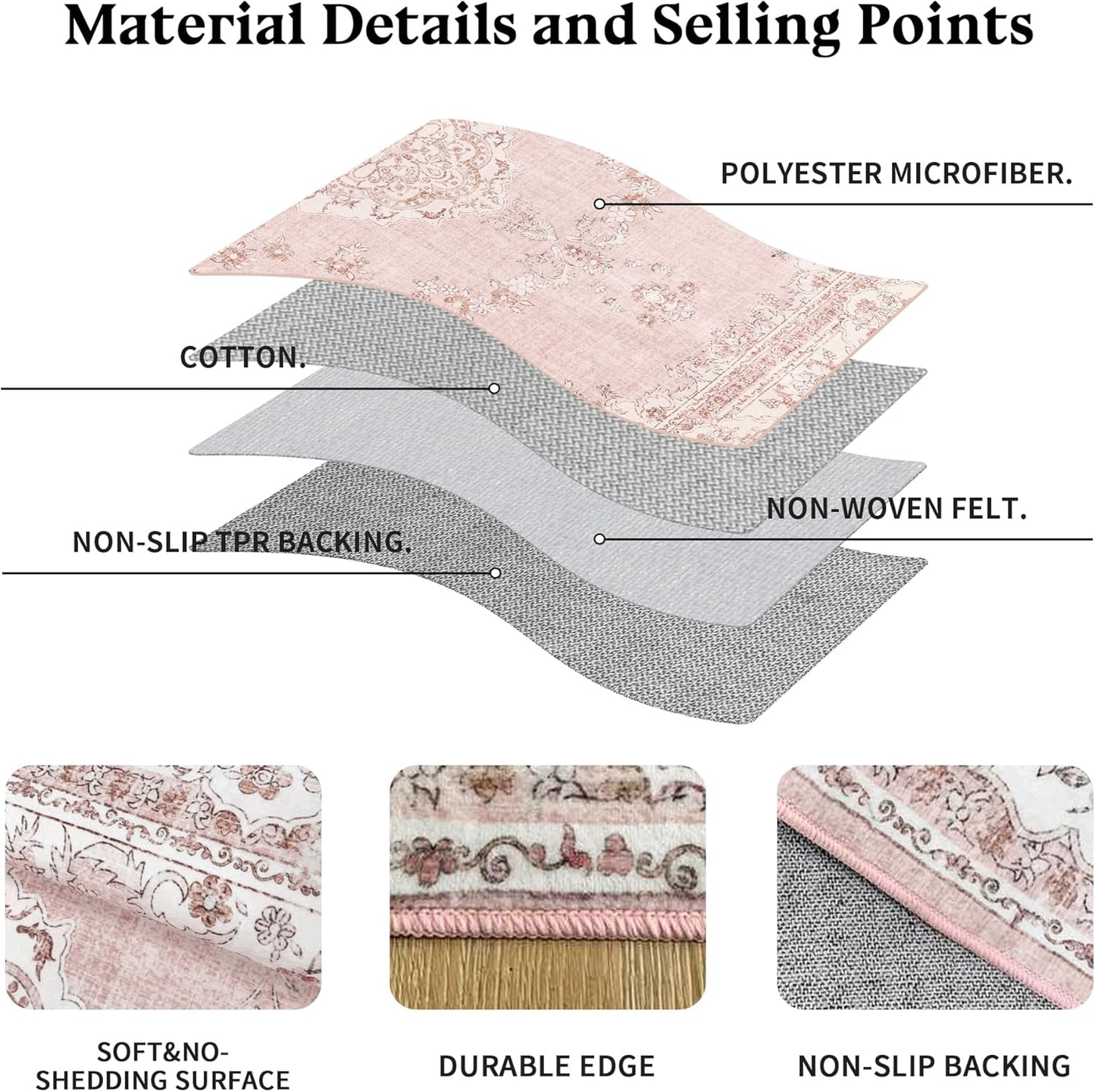 5x8 Area Rug Washable: Oriental Soft Area Rug for Living Room Bedroom No Shedding - Low Pile Thin Carpet Rug for Dining Room Non Slip - Boho Vintage Rug for Home Decor - Soft Pink