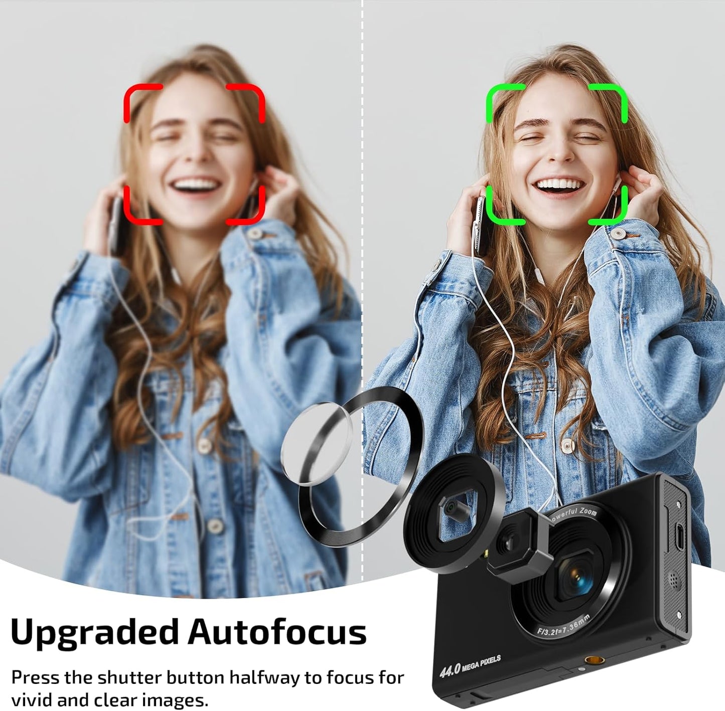 Upgrade Digital Camera, FHD 4K 44MP Autofocus Digital Point and Shoot Video Camera with 16X Zoom, 32GB SD Card, Compact Digital Camera Cheap for Teens Boys Girls Kids Black Camera