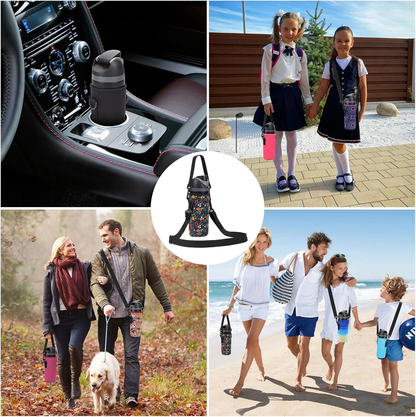 Neoprene Water Bottle Carrier Bag with Adjustable Shoulder Strap for Owala 24 OZ Tumbler, Insulated Water Bottle Cover for Owala FreeSip Insulated Water Bottle (Little Flower, 24 OZ)