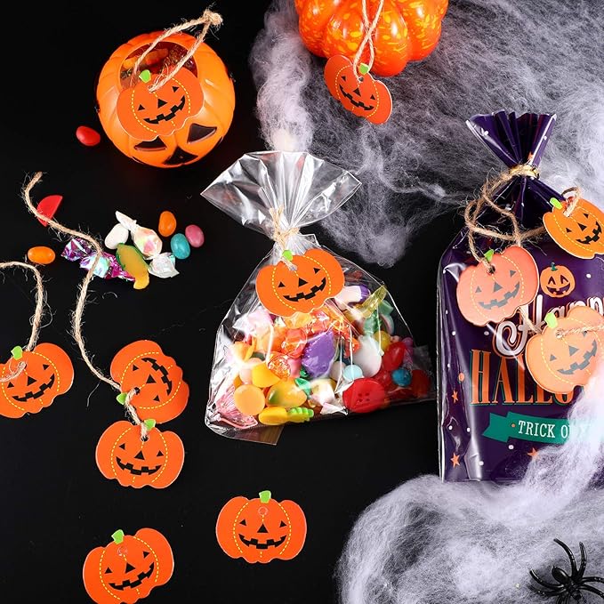 100 Pieces Halloween Pumpkin Gift Tags Paper Hanging Pumpkin Tags Pendants Christmas DIY Party Decorations with Pre Cut Holes, 1.8 x 1.4 Inches