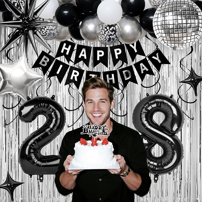 28th Birthday Decorations for Men Women, Black Silver Happy Birthday Party Decorations， 28 Year Old Party Supplies with Number 28 Balloons, Banner, Fringe Curtains Kit