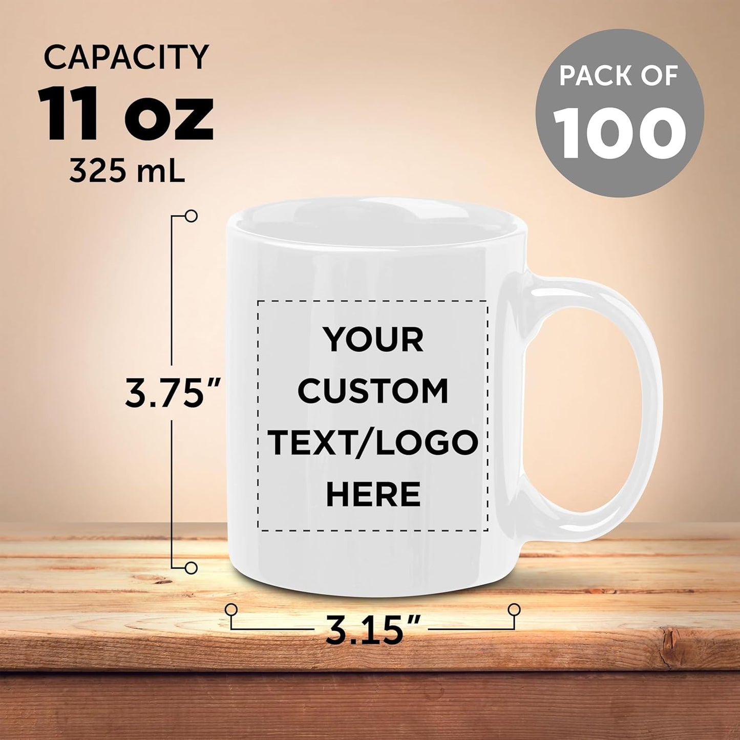 Custom Ceramic Coffee Mugs 11 oz. Set of 100, Personalized Bulk Pack - Coffee cup set, Iced coffee cup, Gaming mug - White