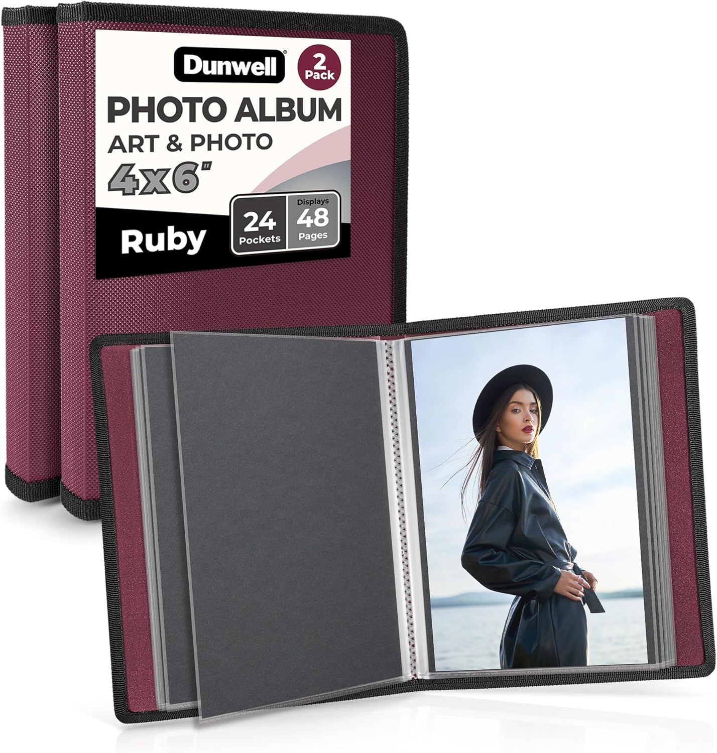 Dunwell Small Photo Album 4x6 (2-Pack, Ruby), Mounting Paper, 4 x 6 Photo & Art Portfolio Presentation Binder, 24 Sleeves Display 48 Pages, Professional Mini Picture Book for Artwork, Postcards