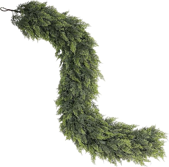 9FT Real Touch Cedar Garland - Artificial Christmas Garland Fake Green Faux Thick and Lush Pine Needles Garlands for Table Fireplace Mantle Holiday Home Indoor Outdoor Decor (1PCS)