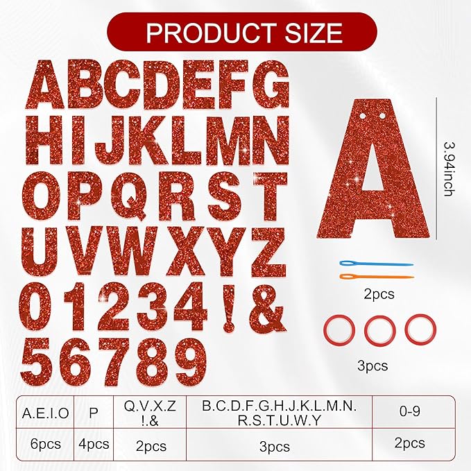 BEISHIDA 116 PCS A-Z Glitter Red DIY Letter Banner Kit Make Your Own Banner，Including 111 Letters and Numbers 3 Rope and 2 Threading Device,Customized for Birthday Graduation Wedding Party Decor