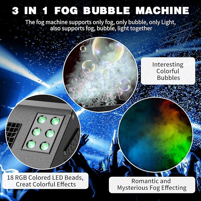 2000W Fog Machine, 3 in 1 Fog Bubble Machine with 2 Bubble Fans, 18 RGB LED Lights Smoke Bubble ALL IN ONE Fog Machine, Bubble Machine for Halloween Christmas Party Wedding, 3 Pack