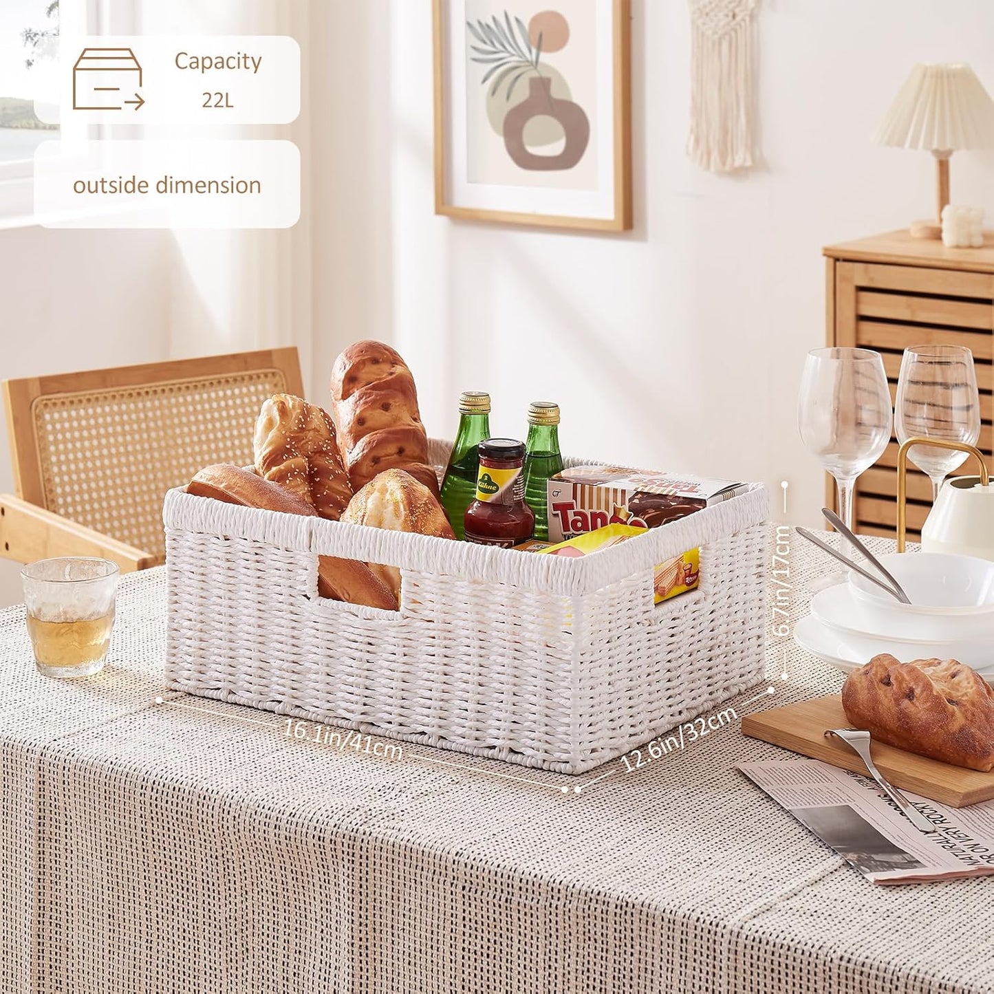 OIAHOMY Wicker Basket, Paper Shelf Basket with Built-in Handles, Rectangular Wicker Storage Bin for Pantry, Shelves, 1 Pack-White