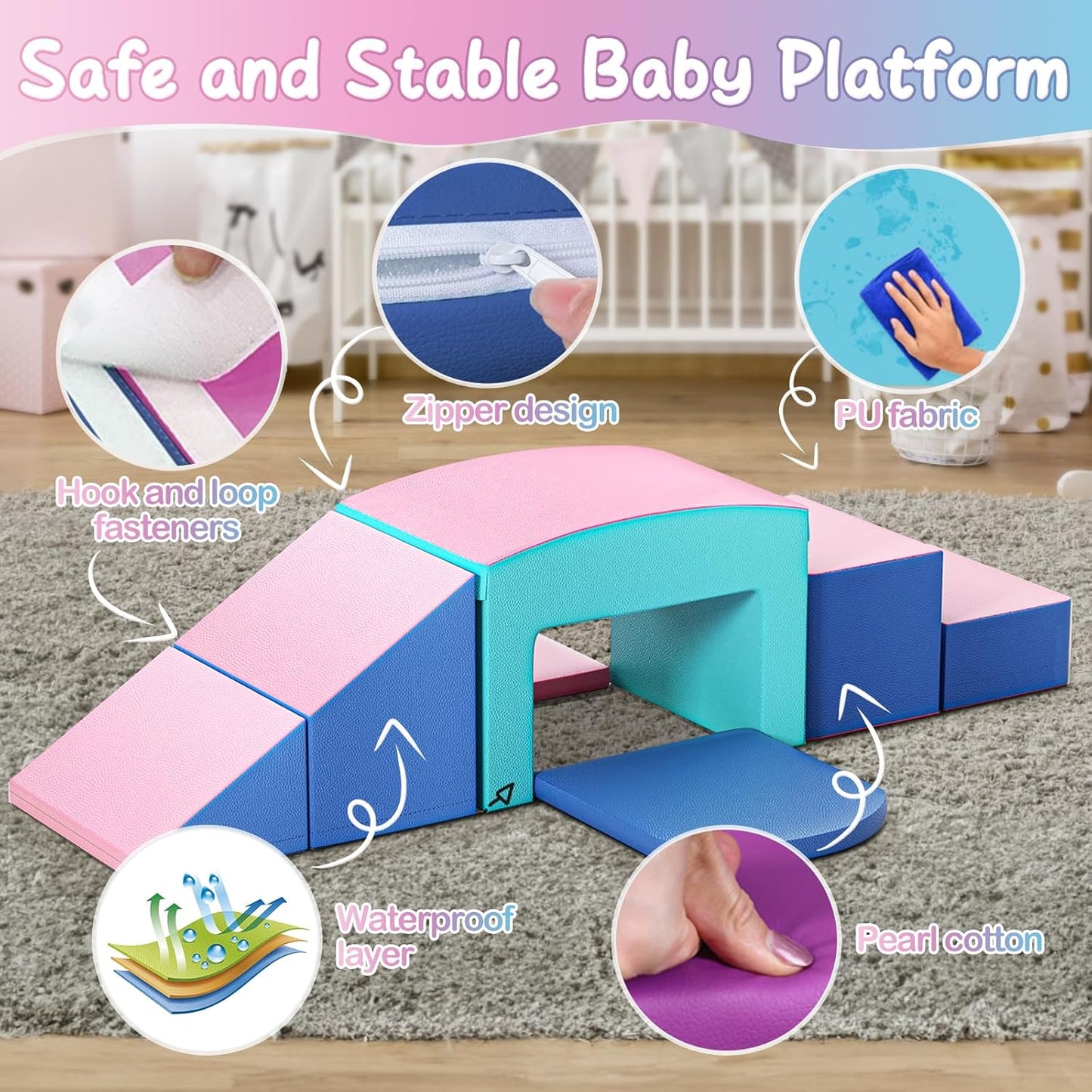 SURPCOS Crawl and Climb Foam Play Set, 6 Pcs Climbing Toys for Toddlers 1-3, Climb and Crawl Activity Playset, Soft Play Equipment Crawling and Sliding (Blue&Pink) 6 peices