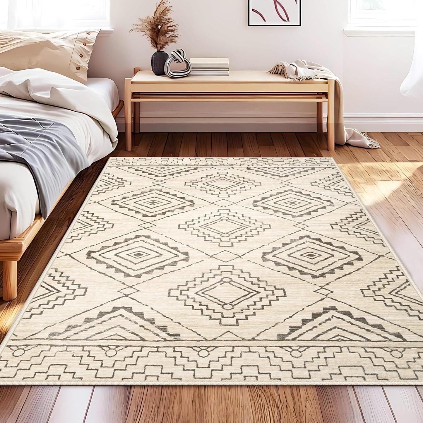Moroccan Area Rug 4x6 - Washable Boho Geometric Rugs Non-Slip Entryway Rug, Neutral Farmhouse Rugs Soft Throw Rug for Entrance Hallway Bedroom Kitchen Nursery(4'x6',Ivory)