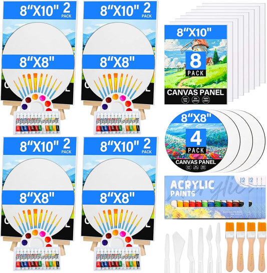 12 Pack 8x10” Canvas Boards and Round Canvas for Painting, Couple Painting Kit with Wood Easel, Acrylic Paint, Paint Brushes Set for Kids Teenagers Adults Date Night Sip and Paint Party