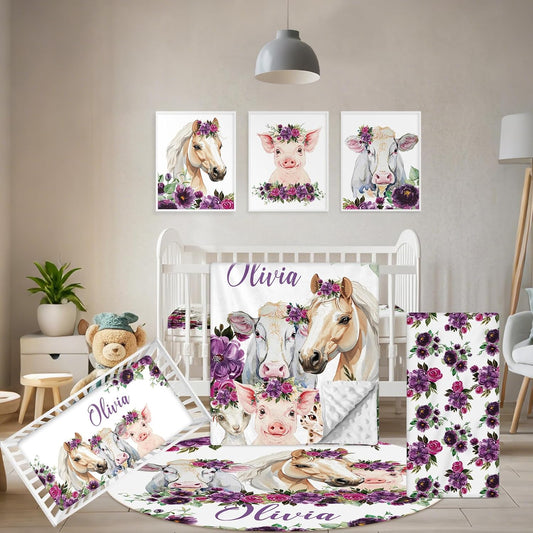 Custom Baby Crib Bedding Set, 5 Pcs Personalized Name Baby Crib Sets for Infant Toddler, Floral Horse Nursery Bedding Set for Baby Girls, Double Layer Baby Bedding Sets, Gifts for New Parents