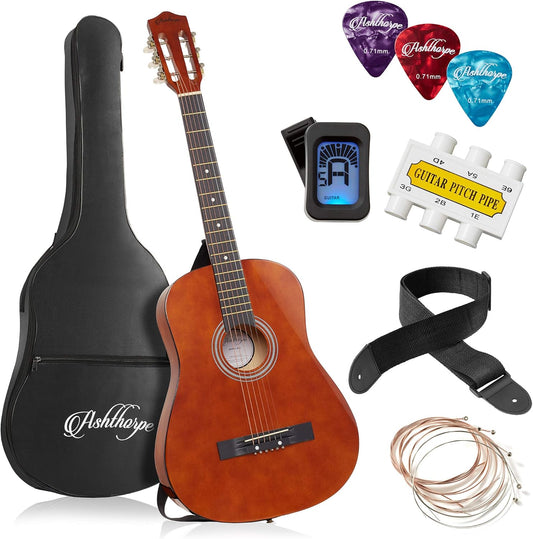 Ashthorpe 38-inch Beginner Acoustic Guitar Package (Brown), Basic Starter Kit w/Gig Bag, Strings, Strap, Tuner, Pitch Pipe, Picks