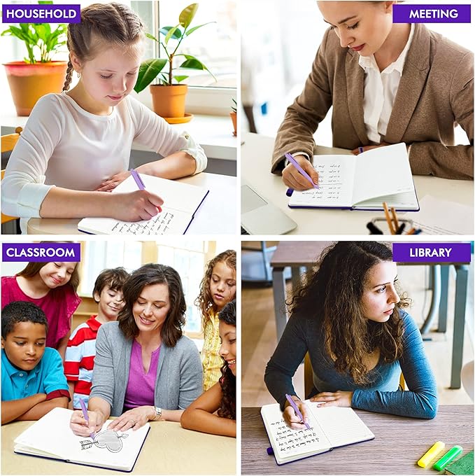 feela 5 Pack Journal Notebook Bulk for School, Hardcover Business Notebooks Classic Ruled Lined Journals with Pen Holder for Work Note Taking, with 5 Black Pens, 120 GSM, 5.1”x8.3”, A5, Purple