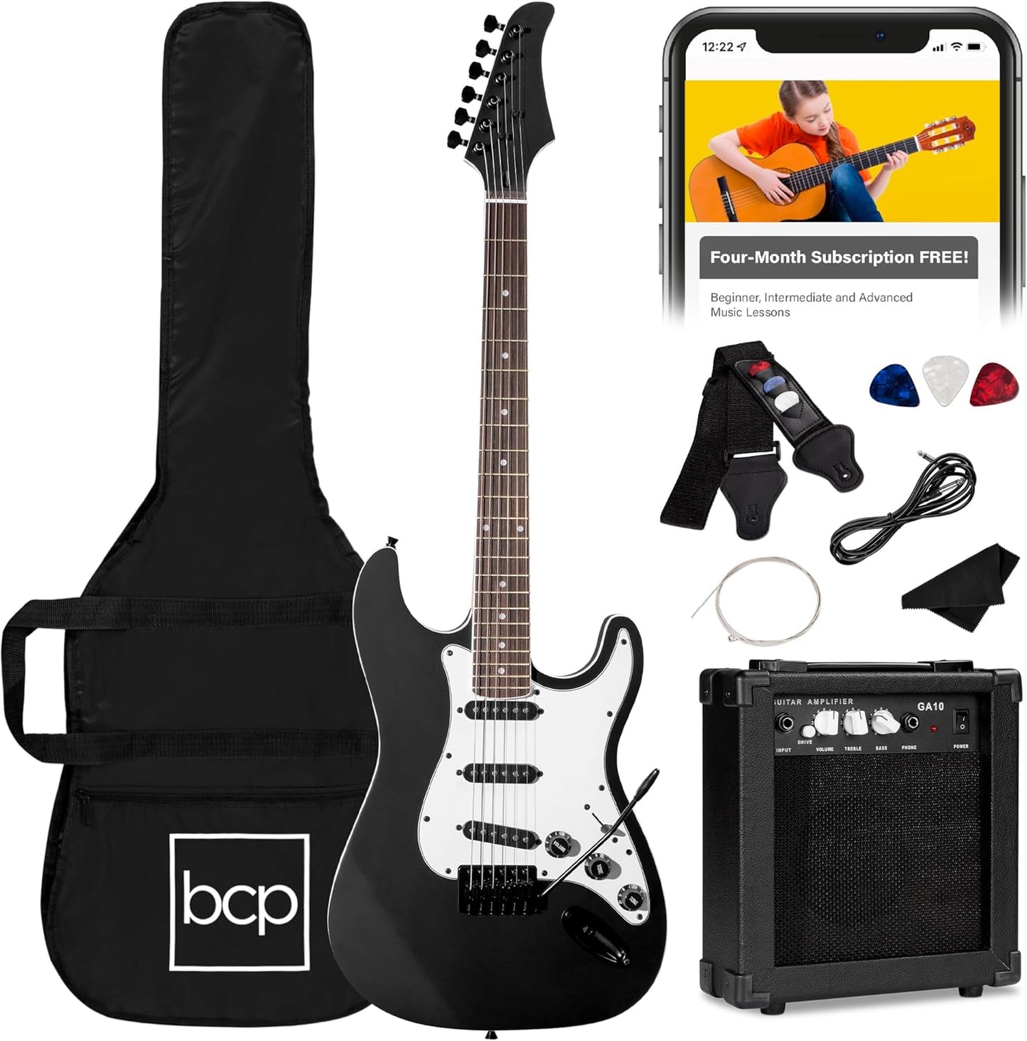 Best Choice Products 39in Full Size Beginner Electric Guitar Starter Kit w/Case, Strap, 10W Amp, Strings, Pick, Tremolo Bar - Jet Black