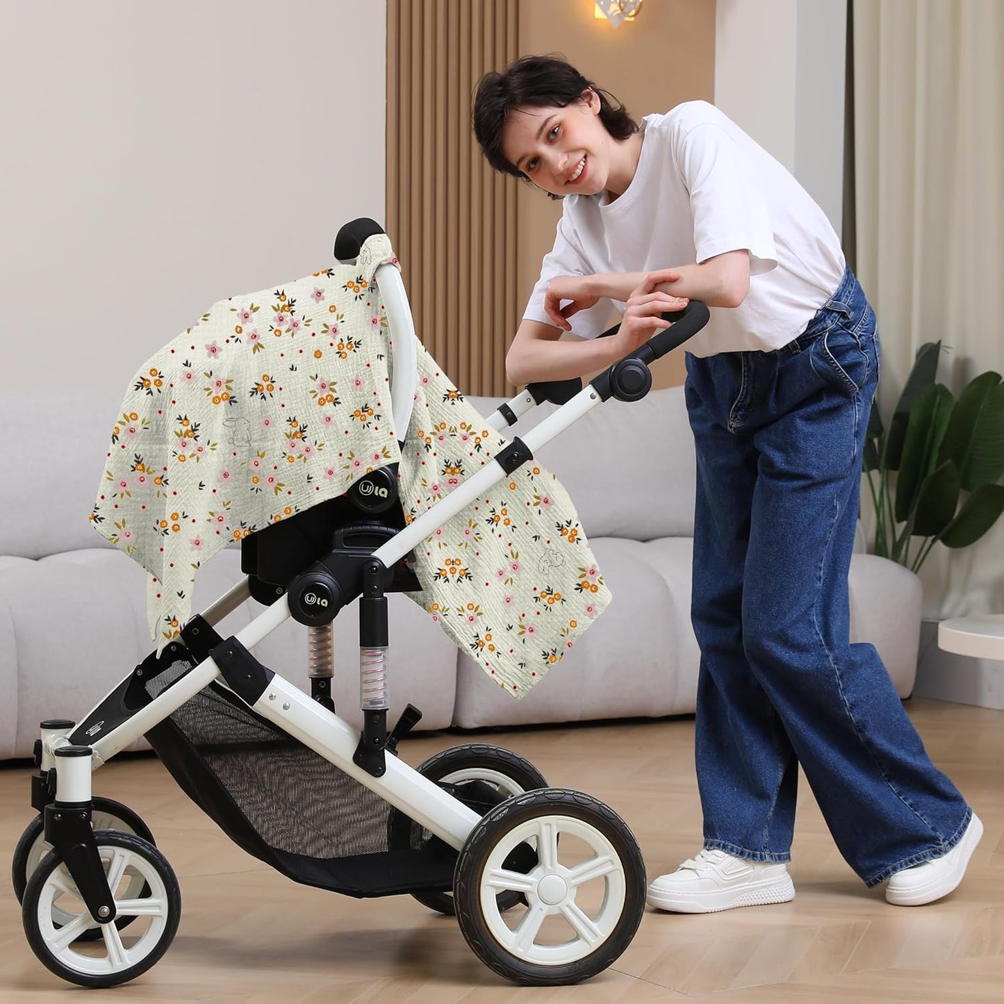100% Muslin Cotton Car Seat Cover Baby, Carseat Canopy Cover, Universal Fit Stroller Covers for Boys and Girls (Beige Floral)