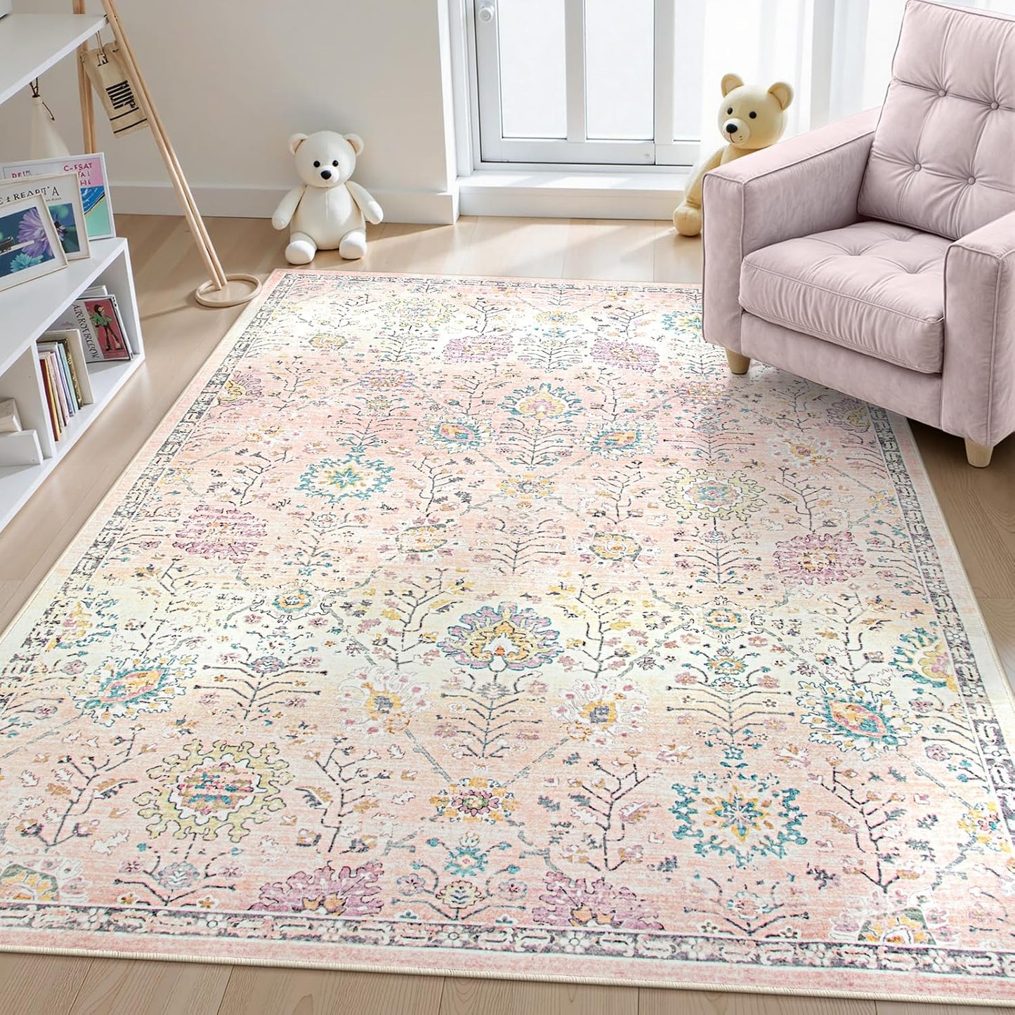 Lahome Pink Boho Area Rug for Nursery, 5x7 Washable Pink Rugs for Bedroom Girls Kids Room Living Room, Floral Pastel Carpet Non Slip for Classroom Playroom Dorm