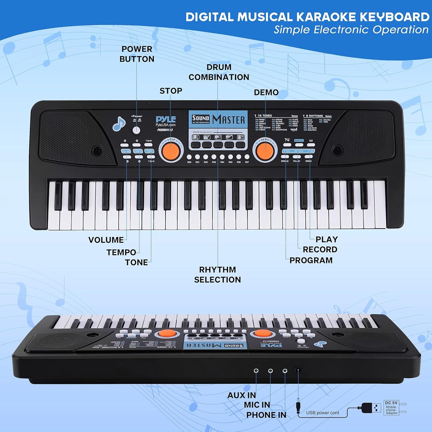 Pyle Electric Keyboard Piano - 49-Key Portable Digital Karaoke Piano with Stereo Speakers, Rechargeable Battery, and Wired Microphone for Beginners, Kids, Adults - 8 Rhythms, 16 Tones