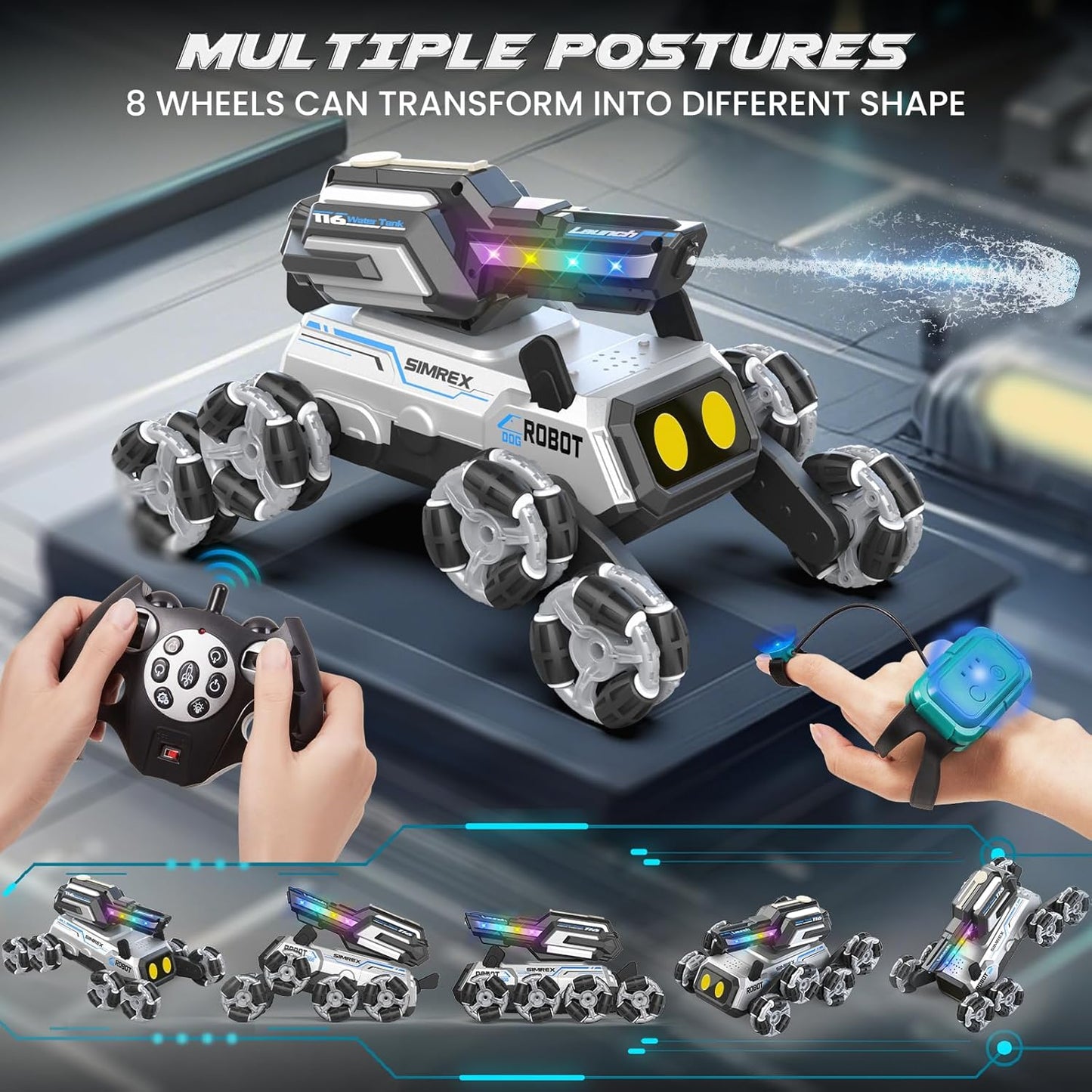 Robot Dog RC Stunt Car Toys - Gesture Sensing Remote Control car with Mecanum Wheels, LED Eyes, 3 Sound Effects,Water-Shooting Turret & RGB Lights,Birthday Gift for Kids Boys Girls