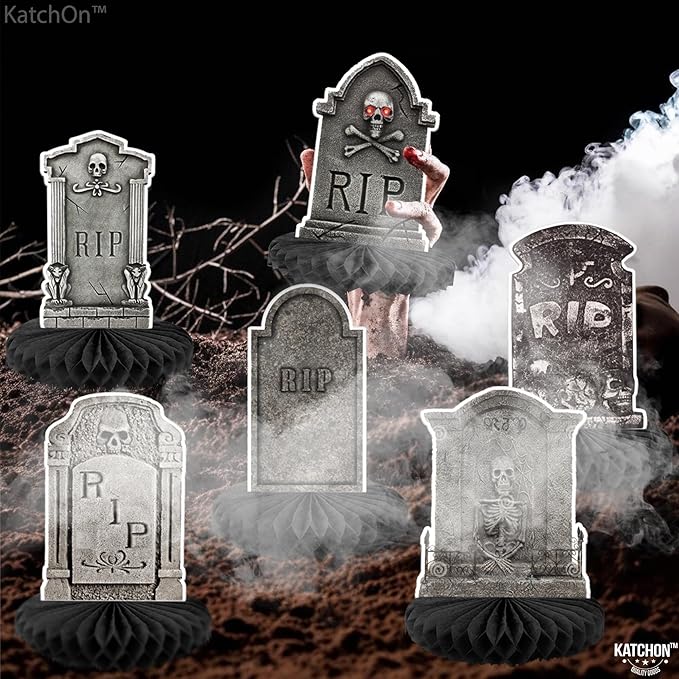 KatchOn, Halloween Tombstone Honeycombs - Pack of 12 | Halloween Table Centerpieces for Tombstone Halloween Decorations | Graveyard Tombstone Paper Honeycombs, Halloween Party Decorations