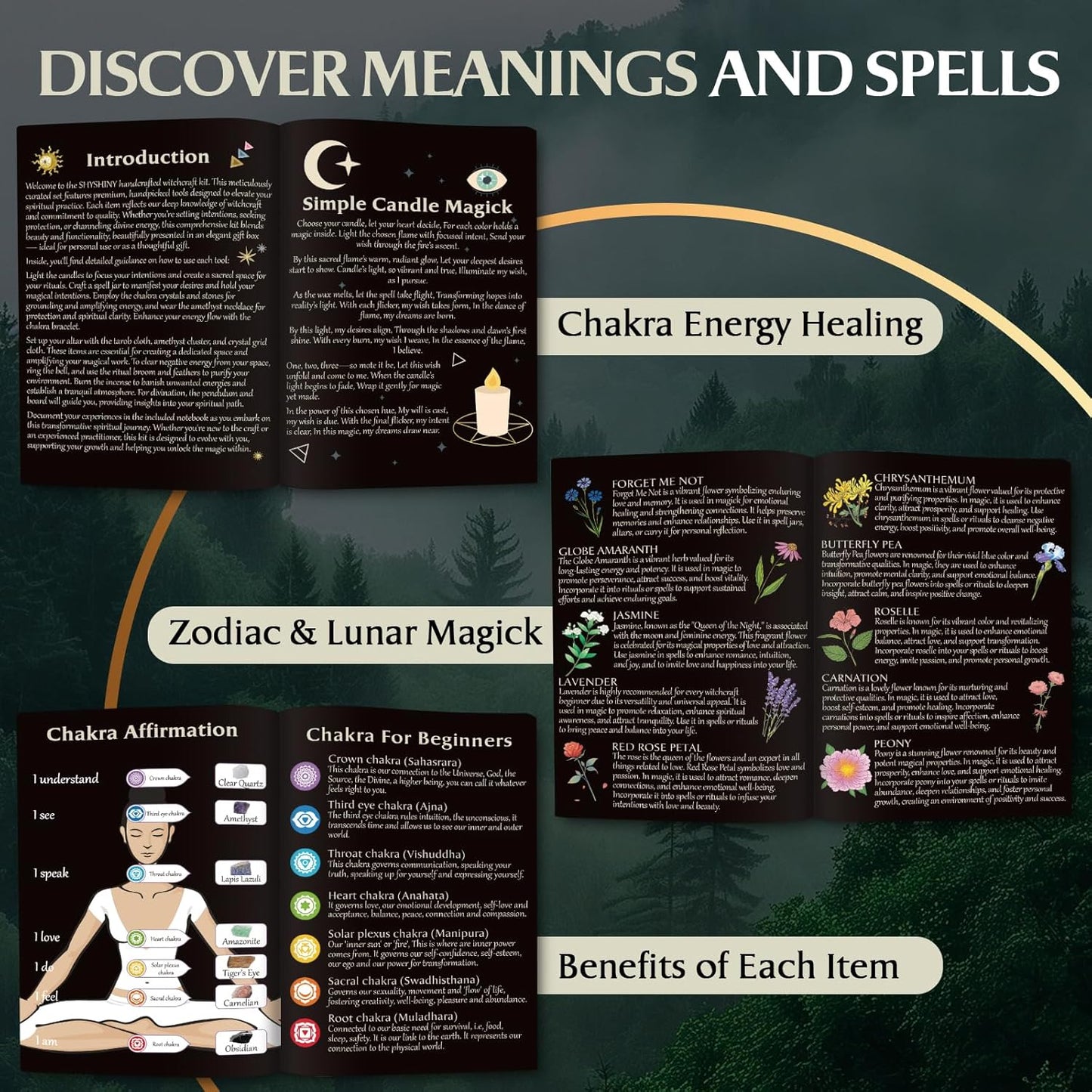 Witchcraft Supplies Kit, 150Pack Wiccan Supplies and Tools Witchy Gifts for Beginners, Dried Herbs, Crystals, Candles, Green Witch Altar Starter Spell