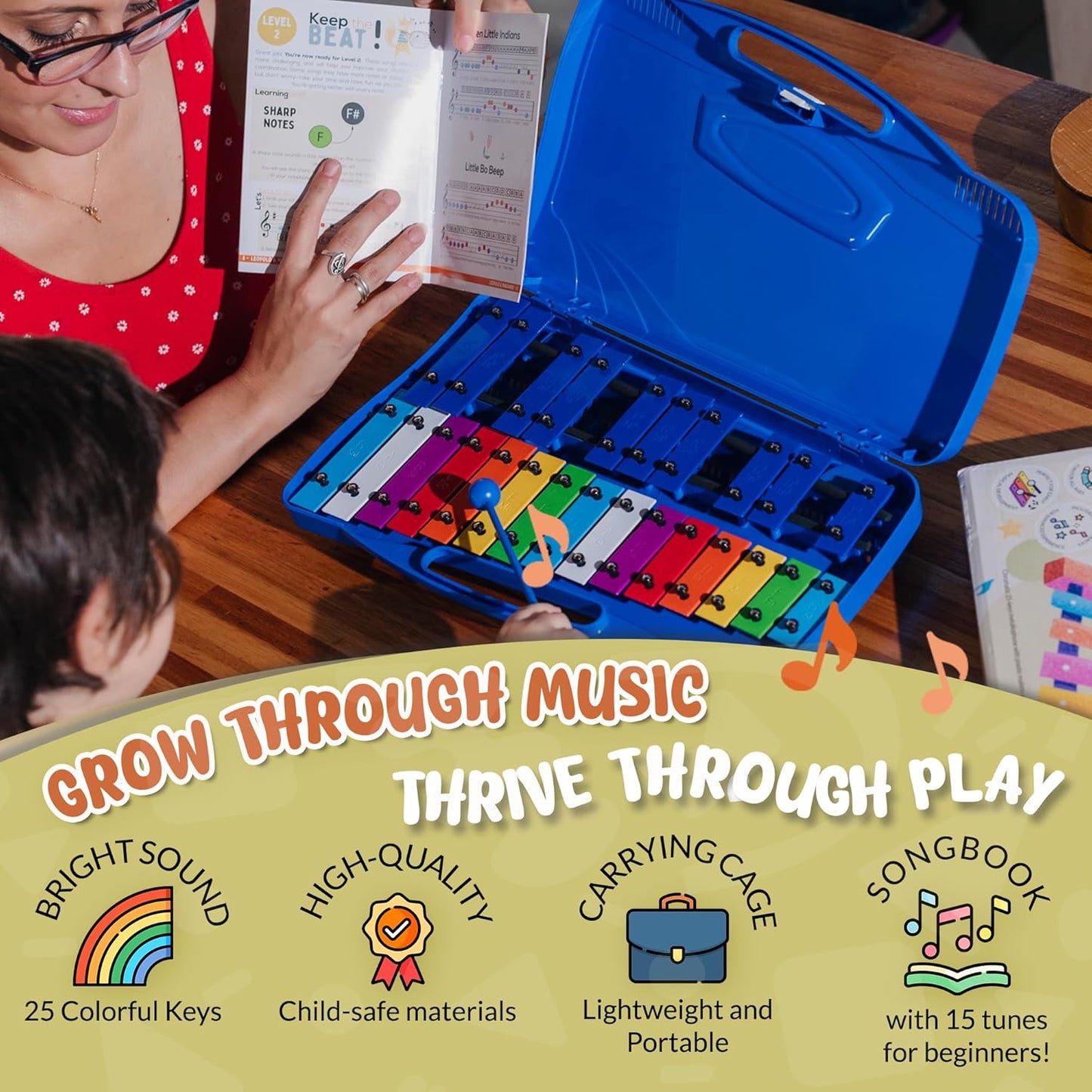 Leopold & Marianne | Xylophone for Kids Ages 5-9 | Kids Musical Instrument | Glockenspiel 25 Notes Chromatic | Color Metal Keys | Music Book Included, Play-Along Videos, Blue Carry Plastic Case