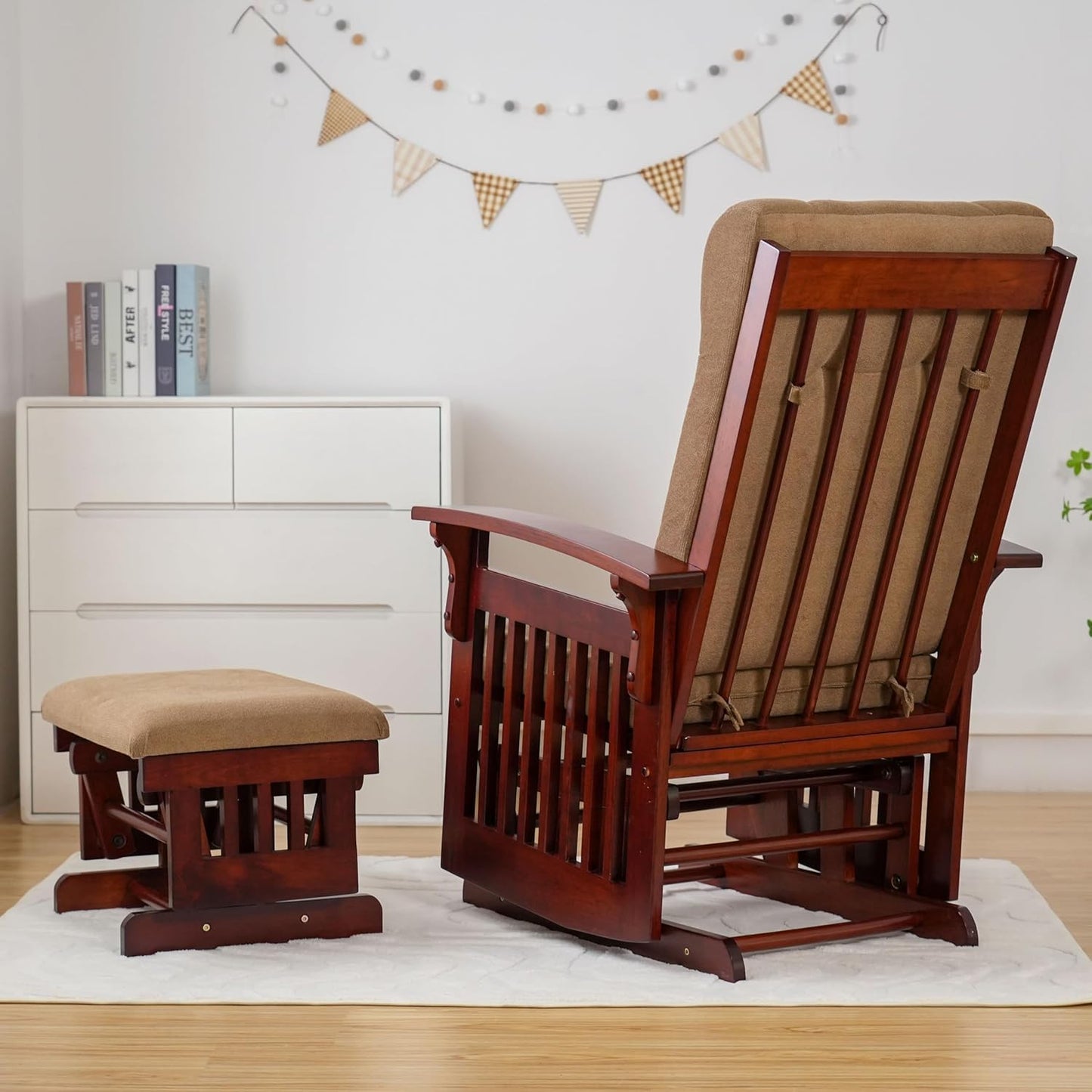 Glider Rocking Chair Nursery with Ottoman Smooth Rocking Motion, Easy to Assemble, Solid Hardwood Base Indoor Adult (Brown)