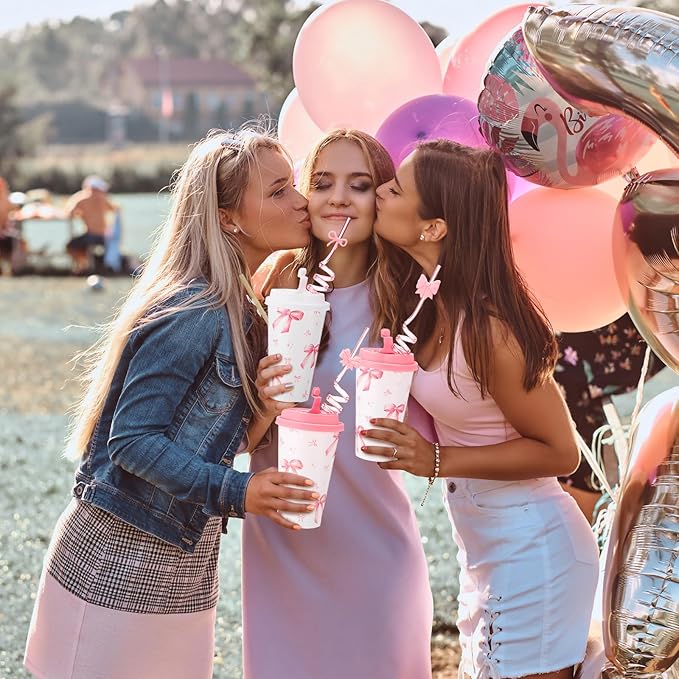 Yungyan 24 Sets Pink Bow Party Favors Goodie Cups with Lids and Straws for Birthday Coquette Party Decorations Reusable 16oz Plastic Candy Cups Plastic Straws for Christmas Decor(Pink Bow)