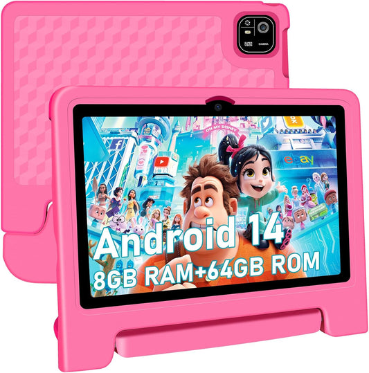 Tablet for Kids, 10.1 inch IPS HD Touchscreen Android 14 64 GB Storage, 8GB RAM, Octa-Core Kids Tablet, Parental Controls, 12-hr Battery, WiFi, GPS - Pink