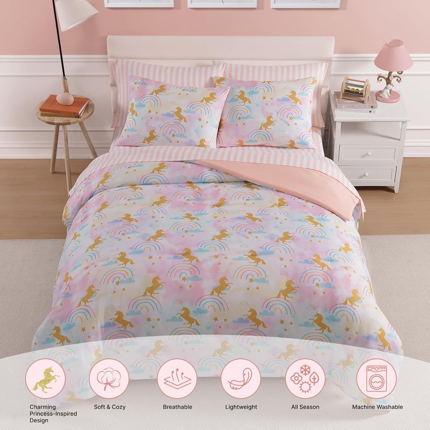 Full Size Comforter Sets with Sheets for Girls-7 Pieces Full Size Bedding Sets with Pink Comforter, Sheets, Pillowcases & Shams for Kids (Gold Unicorn, 76" X 86")