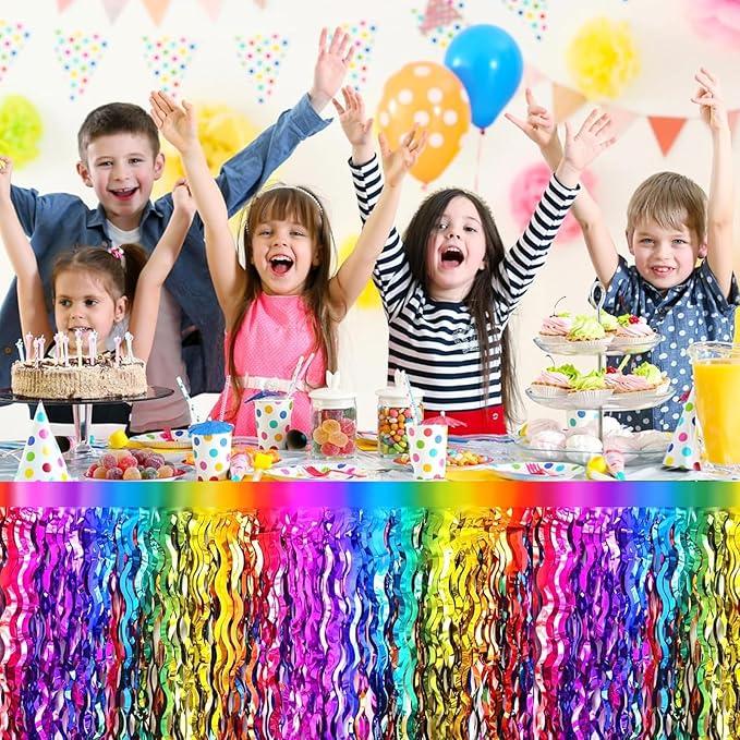 4P Wavy Metallic Tinsel Foil Fringe Table Skirts for Rectangle Tables Backdrop Garland Curtains for Parade Floats Wedding Birthday Parties Decoration Graduation 2025 Christmas (Rainbow)