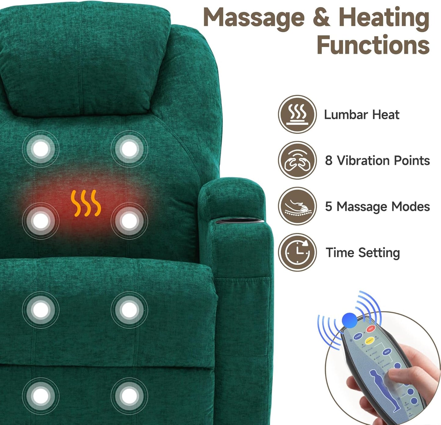 Recliner Chair, Rocking Recliner Chair for Adults with Massage and Heat, Swivel Rocker Recliner with Remote and Cup Holder, Cashmere Manual Recliner for Nursery, Living Room, Green