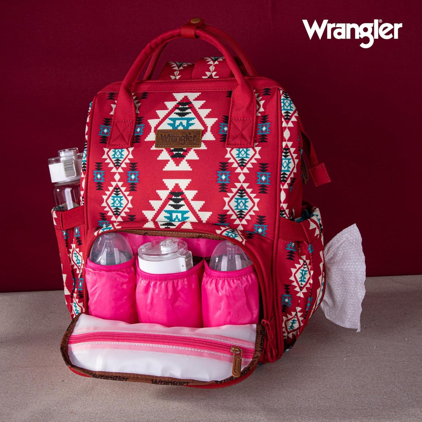 Wrangler Diaper Bag Backpack Aztec Travel Backpack Purses Western Multi-Function Baby Bags for Mom with Waterproof Insulated Pockets