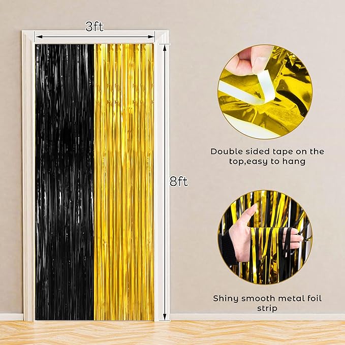 BTSD-home 4 Pack Black Gold Metallic Foil Fringe Curtain Tinsel Streamer Party Decorations Photo Booth Backdrop for Bachelorette Birthday Halloween