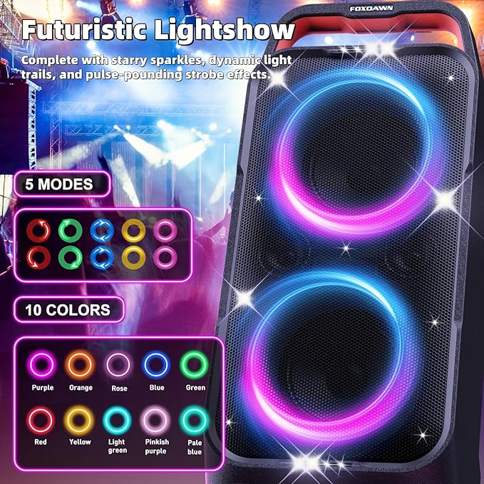 Portable Bluetooth Speaker: 240W Peak Powerful Loud Sound Deep Bass Wireless Boombox Large Subwoofer 15 Hours Battery Life Fast Charging with Led Light Show for Party Outdoor Camping Backyard