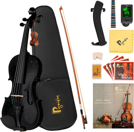 Poseidon Violin 4/4 Full Size Set, Black Violin for Beginners Adult Kid, Stringed Musical Instrument w/Case, Extra Violin 4/4 Strings Set, Violin Bow, Horse Bridge, Rosin, Shoulder Rest, Tuner, Manual