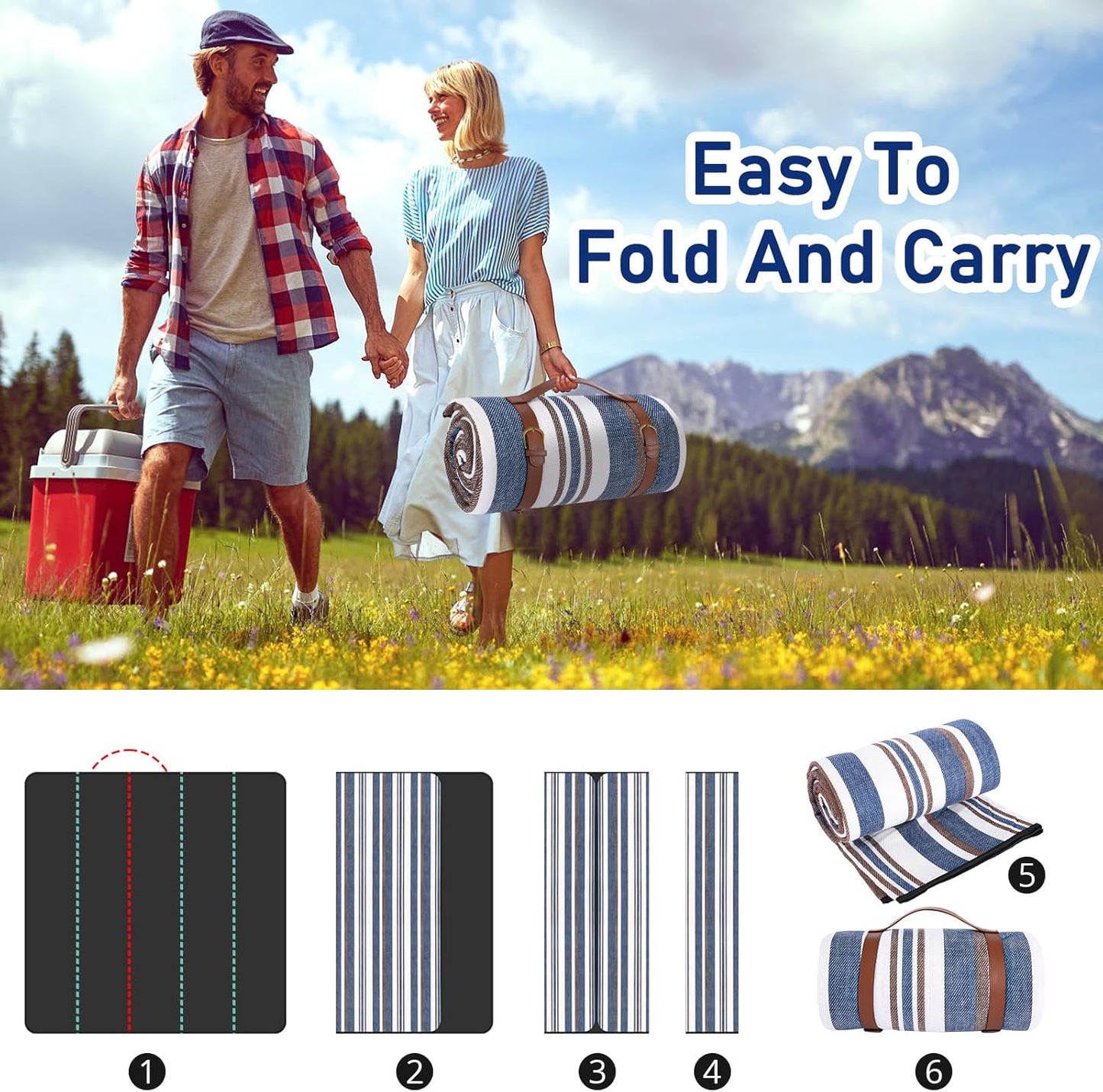 Striped Picnic Blankets 80” x 80” Extra Large Waterproof and Foldable Beach Blanket, Oversized Blue and White Outdoor Blanket for Camping, Travel, Park, Grass, Patio (Blue & Brown, 80" x 80")