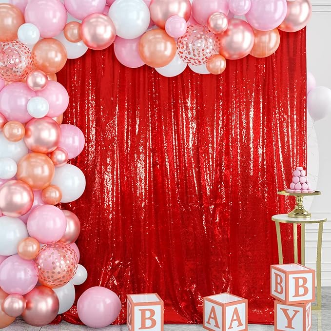 Juya Delight Red Sequin Backdrop Curtain, Non-Transparent Sequin Photography Background Backdrop Curtain for Birthday Party Wedding Festival Ceremony(6ftx8ft