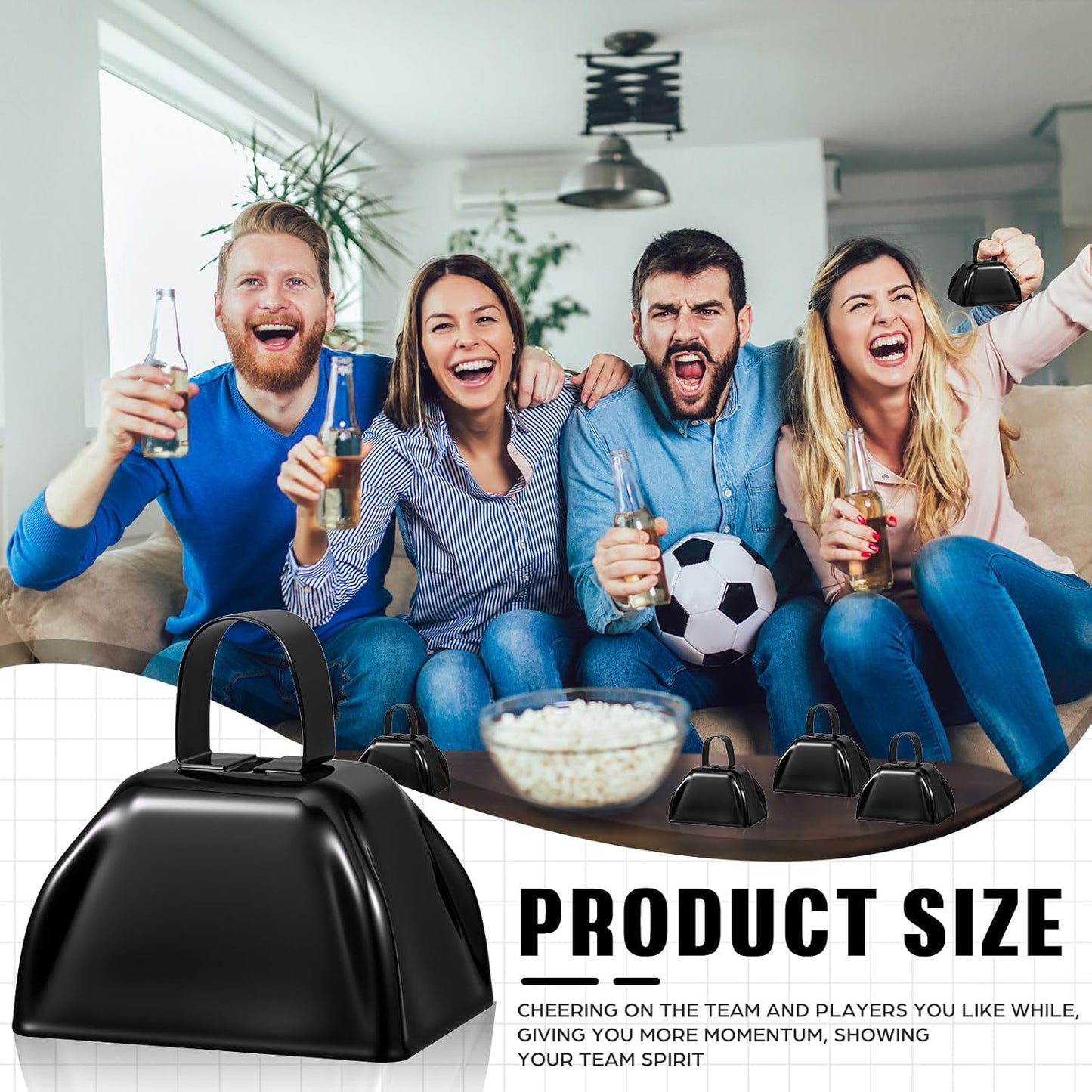 6 Pcs 3 Inch Metal Cowbells Noise Maker Hand Percussion Cow Bells with Handles for Sporting Events Cheering Noisemakers Weddings Team Spirit Sports Party Favors (Black)