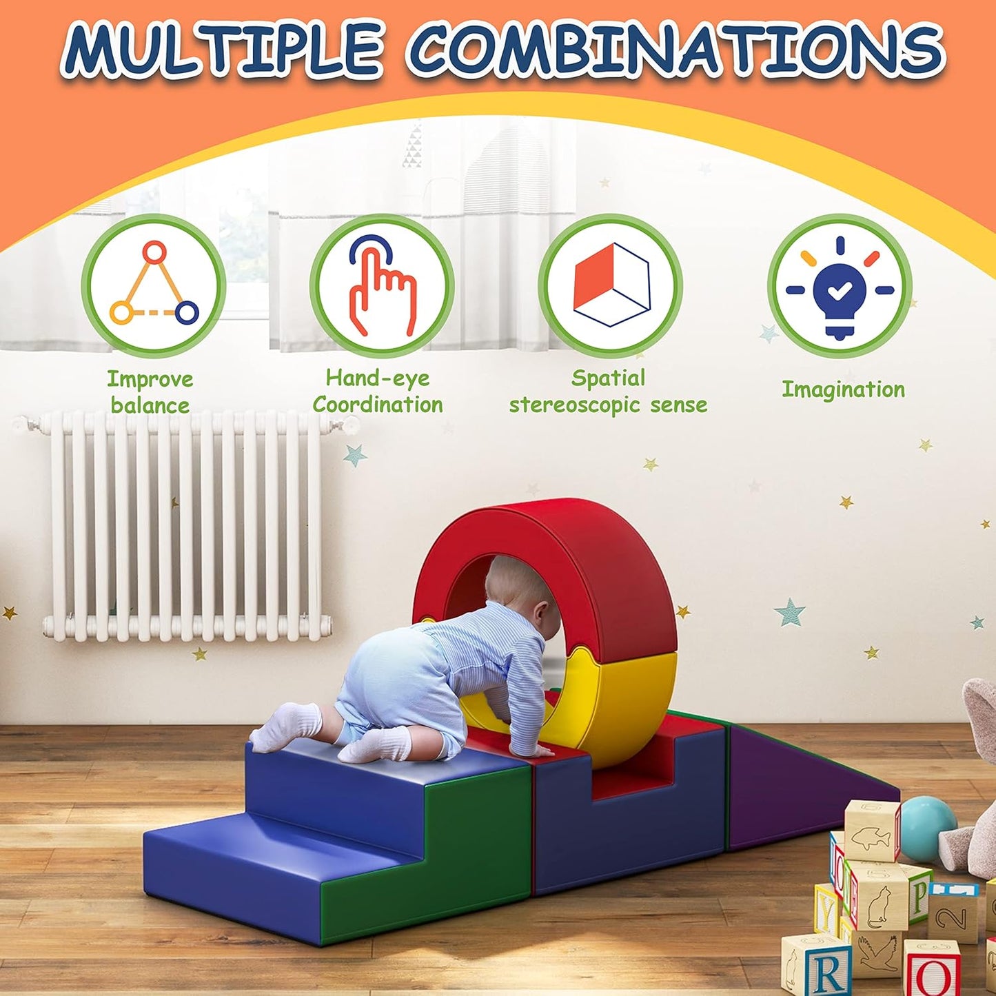 Foam Climbing Toys for Toddlers,4 Pcs Climb & Crawl Soft Play Set for Kids, Safe Indoor Tunnel for Toddler Gym with Pad,Easy to Clean