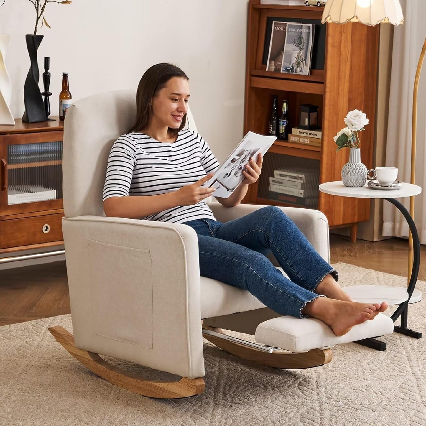 FOXHUNTER Rocking Chair Nursery with Adjustable Footrest and High Backrest, Upholstered Glider Chairs with Side Pockets for Nursery, Rocker Armchair Indoor for Living Room,Beige